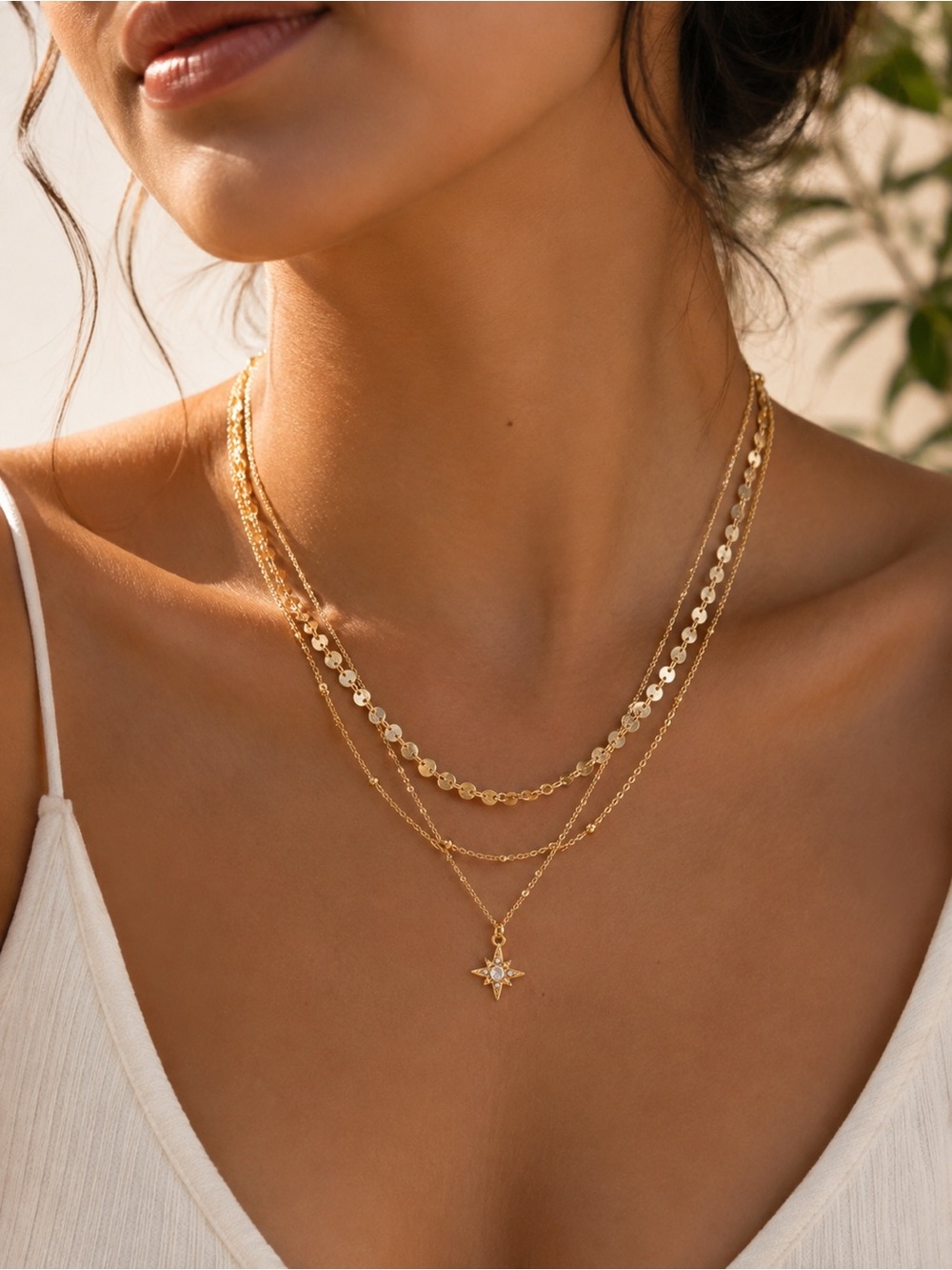 18K Gold Plated Layered Star Pendant Necklace